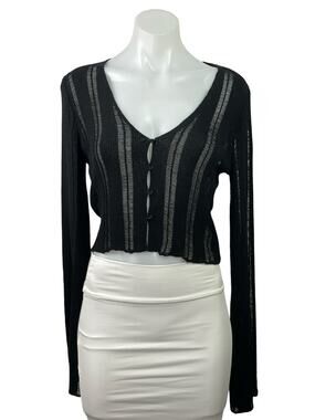 Victoria + Sophia Black Ribbed Knit Semi Sheer V Neck Button Up Crop Top Size S